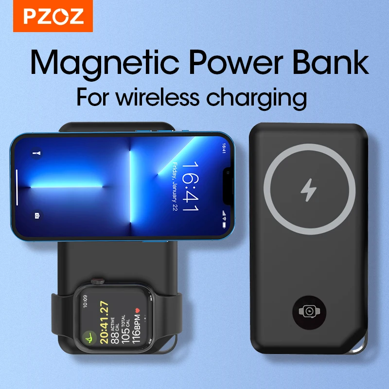 Фото PZOZ магнитные беспроводные зарядные устройства Power Bank 10000 мАч Быстрая зарядка для