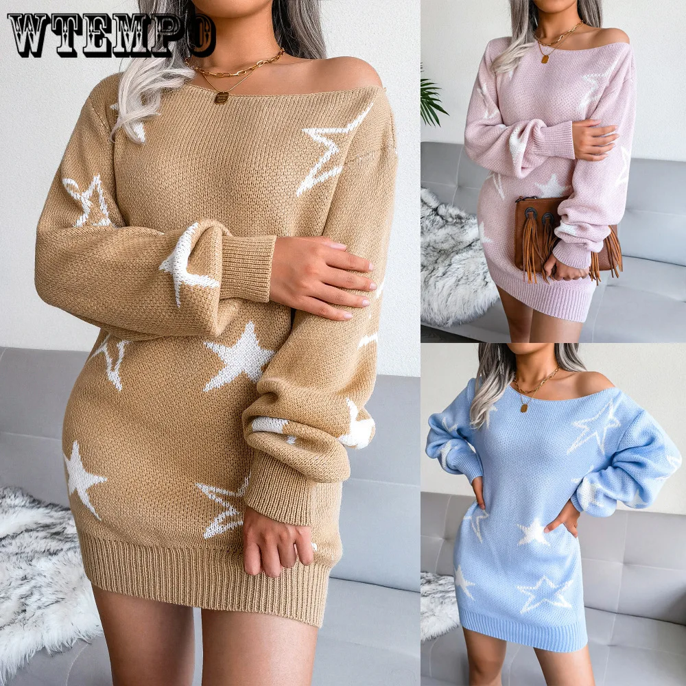 

Sweater Knitted Dress for Women Sexy Slash Neck Stars Pattern Sweaters Dressed Ladies Casual Sweater Autumn Winter