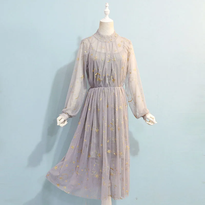 Женское Сетчатое платье средней длины с вышивкой в виде звезд и луны длинное