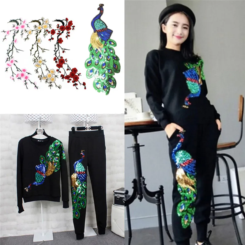 Вышитый цветок сливы аппликация Одежда Вышивка патч Большой павлин ткань стикер