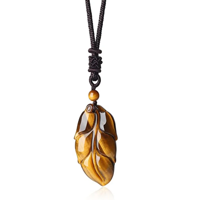 

FYJS Unique Natural Tiger Eye Stone Leaf Pendant Handmade Weave Rope Chain Necklace for Party Gift Jewelry