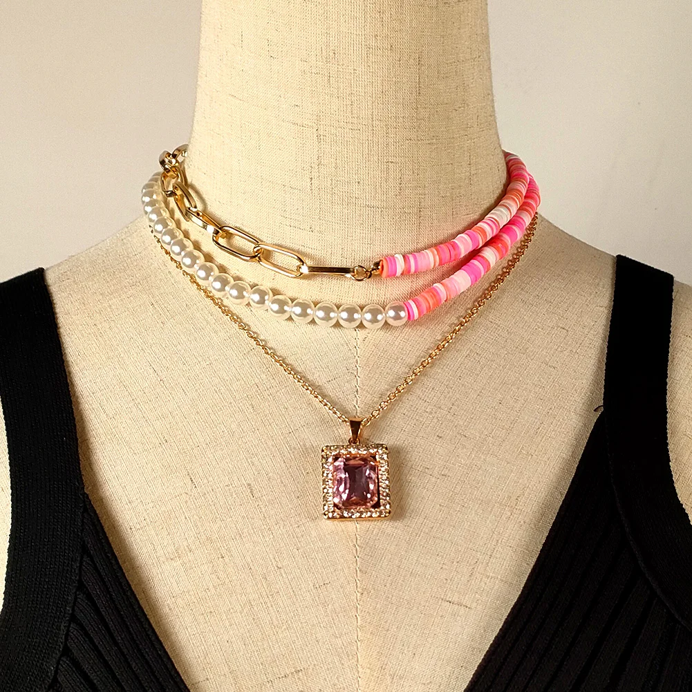 

2 Pieces Pink Soft Polymer Clay Beaded Choker Asymmetric Necklace for Women Crystal Square Pendant Collar Chain Bohemia Jewelry