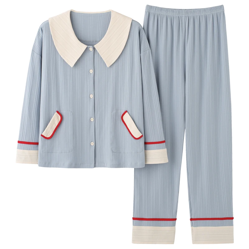 

For Women Soft Comfort Cotton Sleepwear Long Sleeves Long Pants Home Suit Sweet Pijamas Loose Pyjama Fresh Blue Pajamas Set