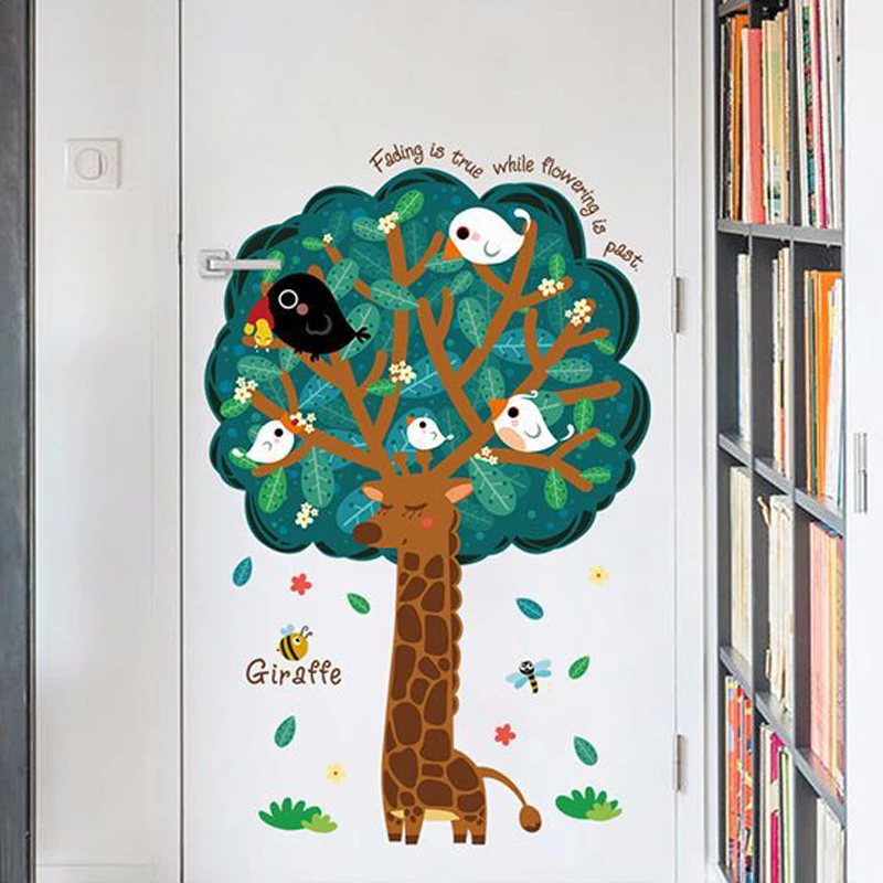 Creative Giraffe Tree Wall Stickers Cute Birds Kids Room Decoration Vinyl Removable Cartoon Mural Decals Self Adhesive Posters | Дом и сад