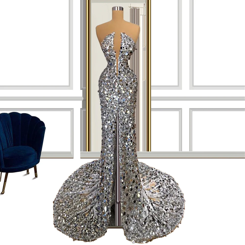

Блестящее Серебряное Вечернее платье-Русалка с блестками и кристаллами, сексуальное платье без рукавов для выпускного вечера, женское плат...