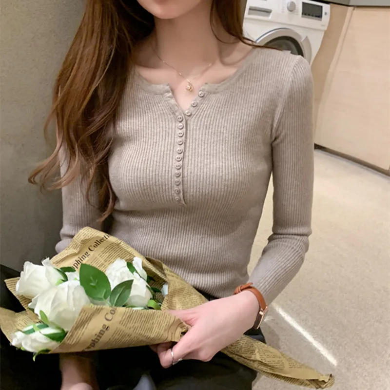 

Fashion Women Sweater Long Sleeve Sweaters Woman V-neck Sweater Casual Woman Knitted Pullovers Women Basic Solid Button Sweaters