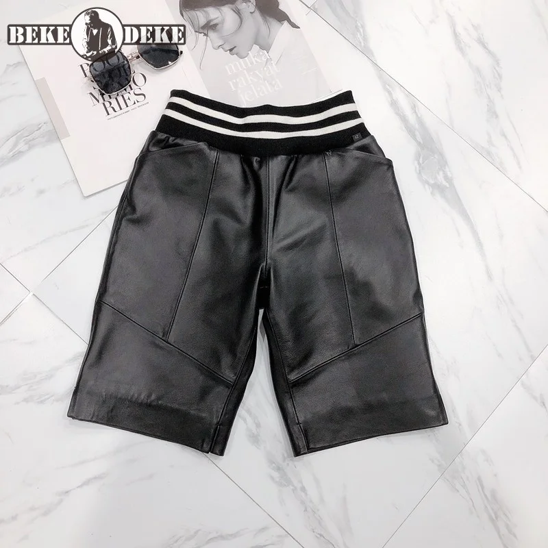Genuine Leather Shorts Women Striped Elastic Waist Knee Length Trousers Fashion Patchwork Straight Shorts New Casual Sweatpants