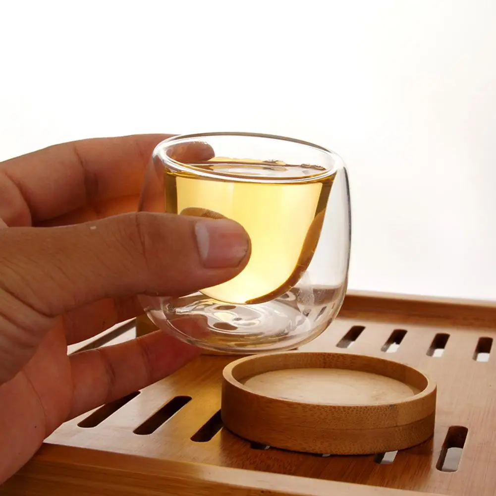 80ML Double Design Clear Tea Cup with Bamboo Tray Set Anti-hot Tasse Heat-resistant Small Glass Cups for Cafe Scented Coffee | Дом и сад