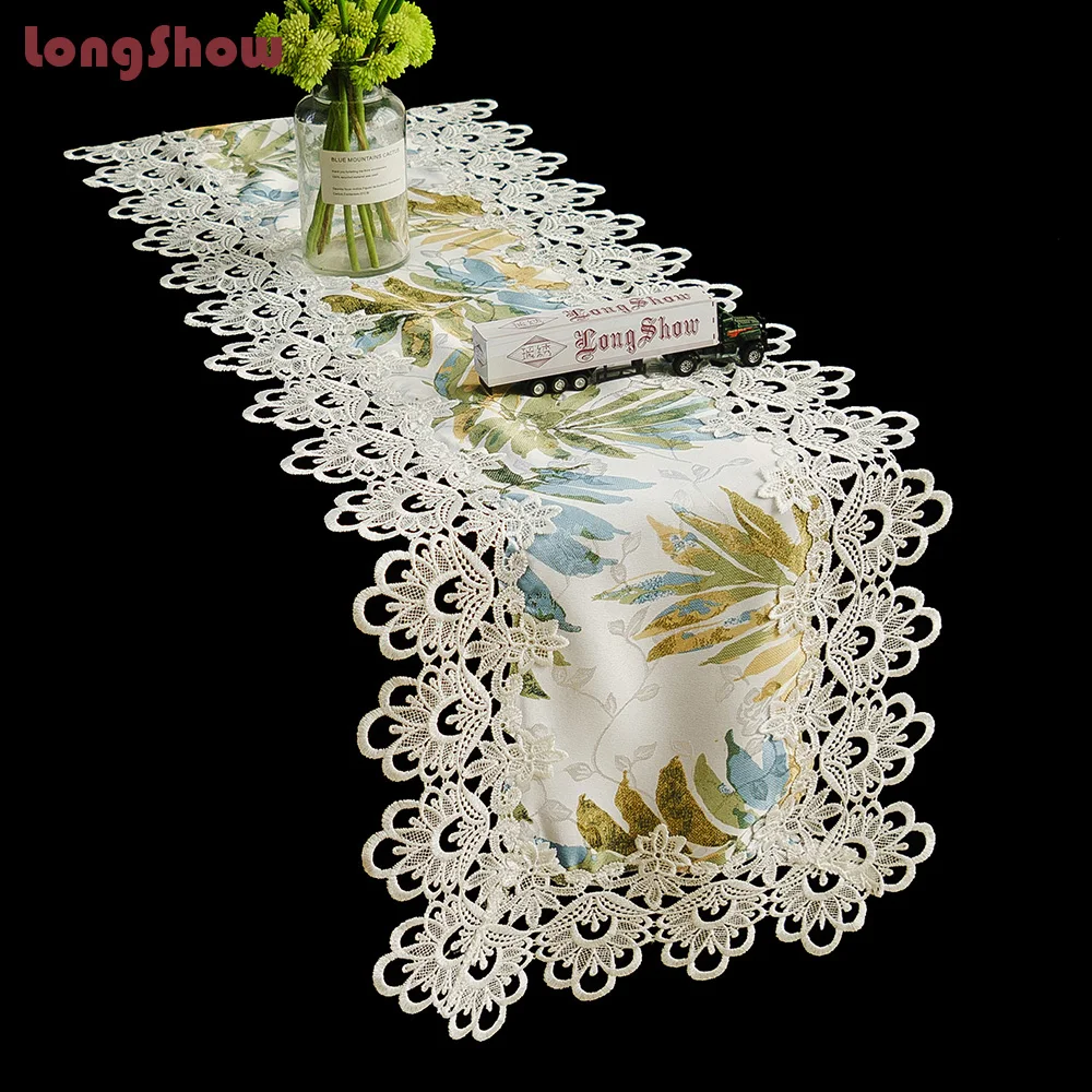 Elegant Pastoral Floral Style Green Color Palm Leaves Smooth Jacquard Table Runner With White Embroidered Lace Border | Дом и сад