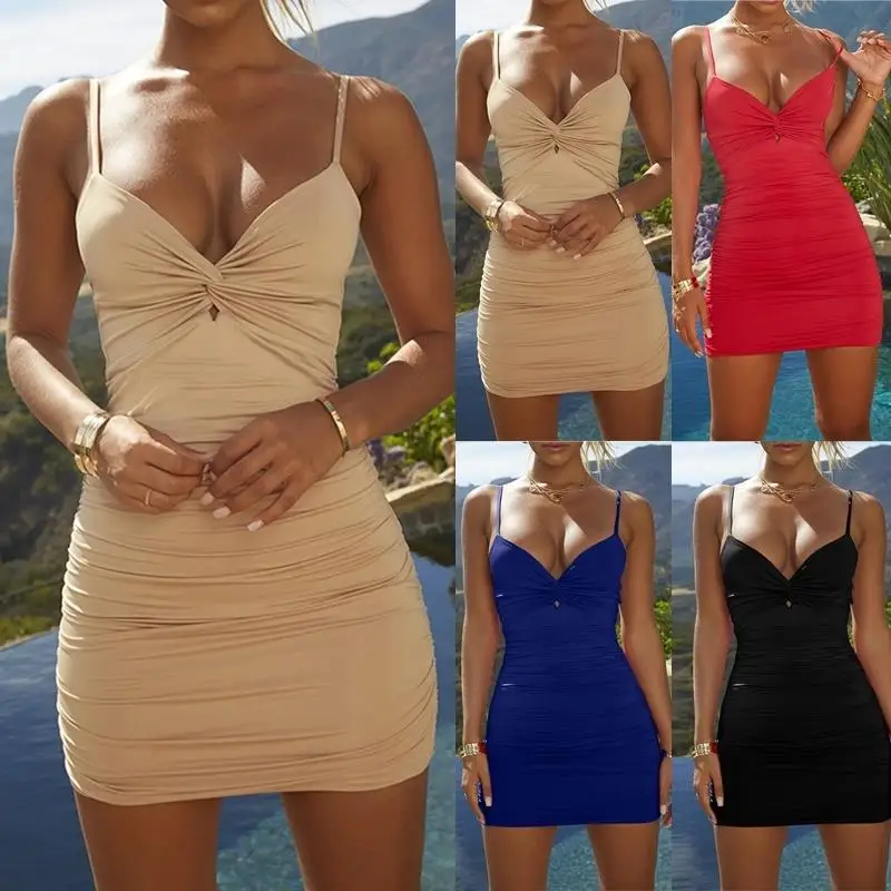 

New 2021 Summer Women Mini Dress Sexy Slim Package Hip Backless Dress Sling Deep V-Neck Bandage Fold Party Dress