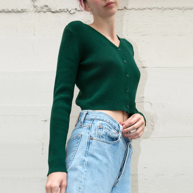 Женский Укороченный кардиган в рубчик с v-образным вырезом вязаный укороченный