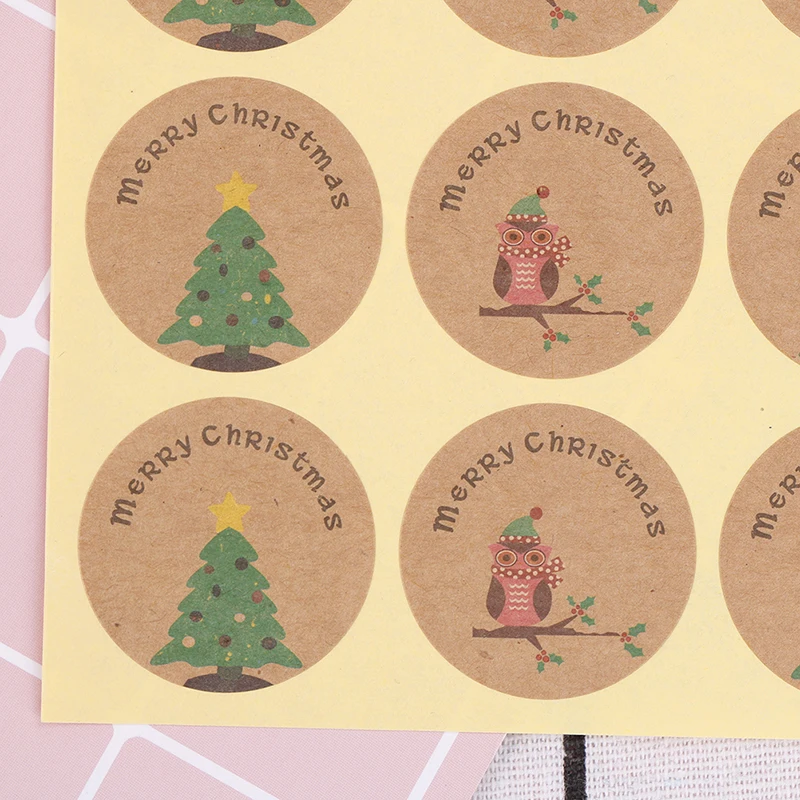 

120Pcs Kraft Sticker Baking DIY Gift Stickers Merry Christmas Tree Owl Sticker Handmade Cake Packaging Sealing Label