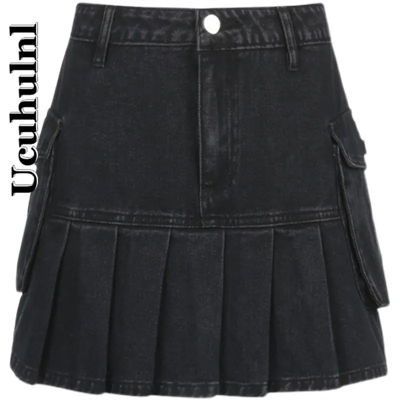 

Ucuhulnl Vintage Slim High Waist Denim Skirt Women A-line Pleated Skirts Casual Female Streetwear Mini Skirt