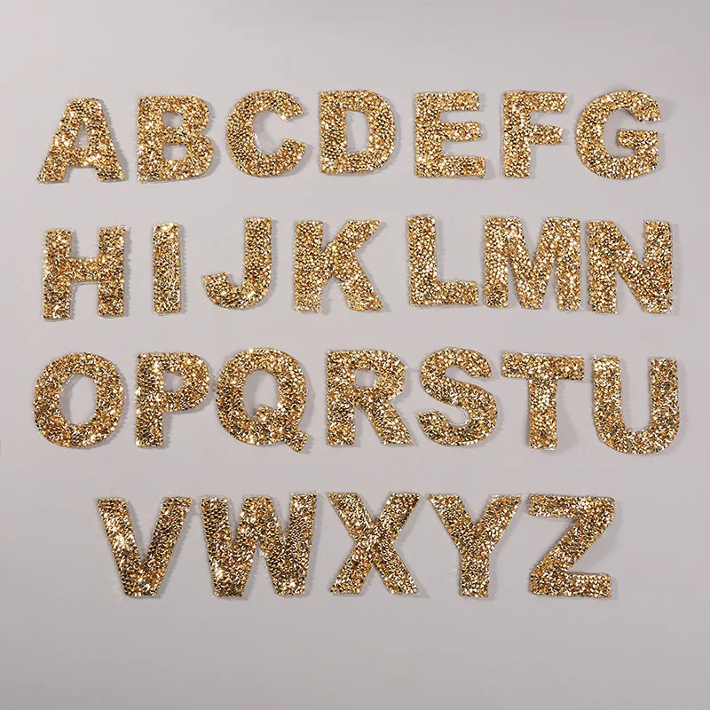 

one Set 26pcs Gold Letters Motif Strass Hot Fix Rhinestone Letter Iron On Appliques For Clothes DIY Needlework T-Shirt Name