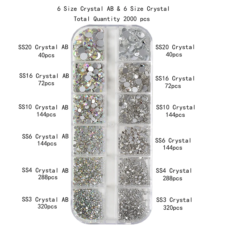120/2000 шт. Стразы без горячей фиксации смешанные размеры/Хрустальные цвета для