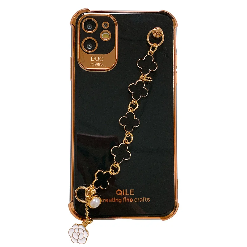 

Luxury plating Black Flower Wrist Phone Case For iPhone 12 11 Pro Max X XR 7 8 Plus Bracelet Lens protection Soft Silicone Cover