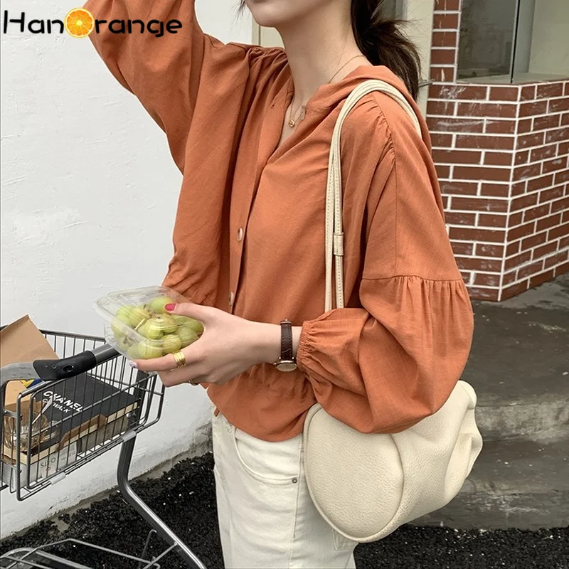 

HanOrange Hooded Buttons Lantern Sleeve Women Shirt 2021 Spring Summer Korean Loose Casual Lazy Style Tops Female Long Sleeve