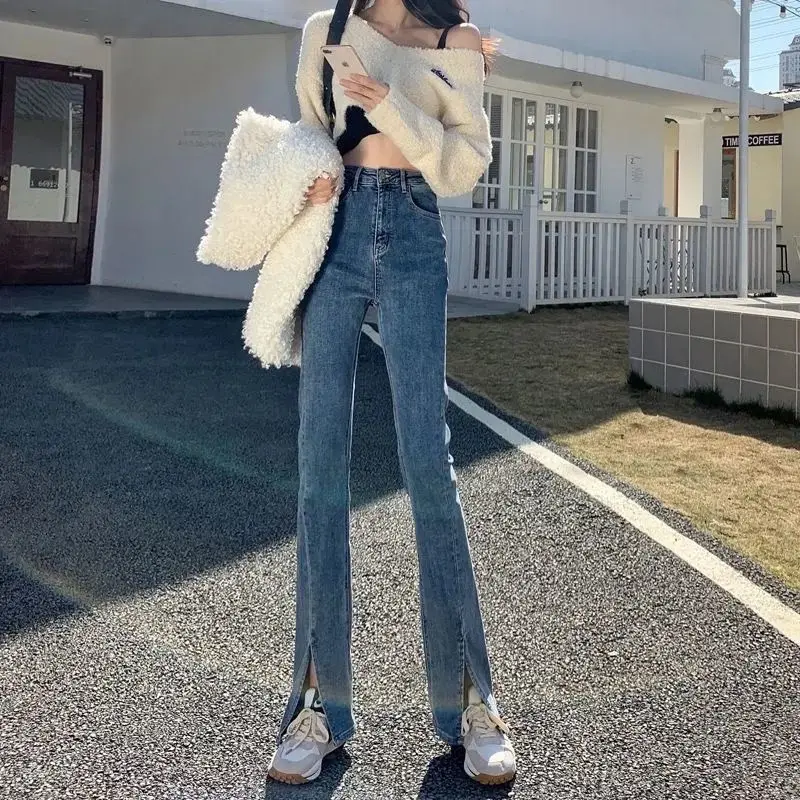 

2021 Spring New Jeans Women High Waist Was Thin All-match Split Ends Elasticity Straight Micro Horn Denim Pants Women Trend 381