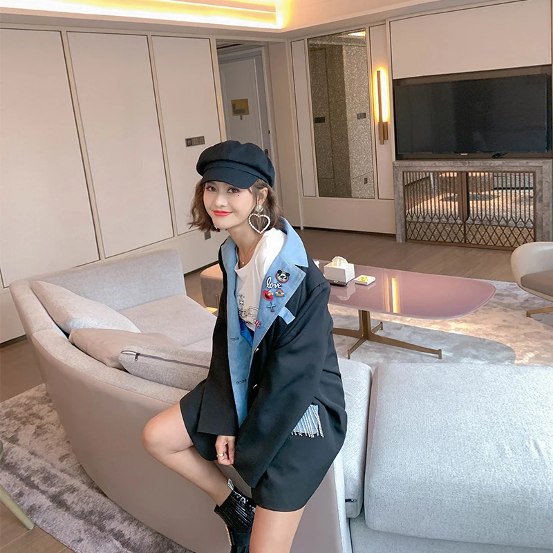 Весенние джинсовые Лоскутные дизайнерские куртки модные женские блейзеры с