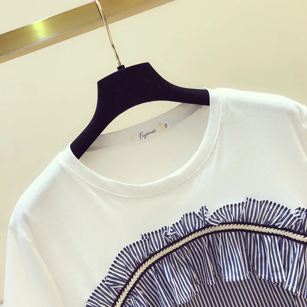 

T-Shirt Ruffled Striped Stitching Short-sleeved Cotton Female 2021 Spring And Summer Loose Korean Students All-match Tee Women