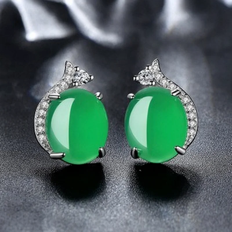 

S925 Earrings for Women Noble and Fashionable Green Chalcedony Zircon Daily Collocation