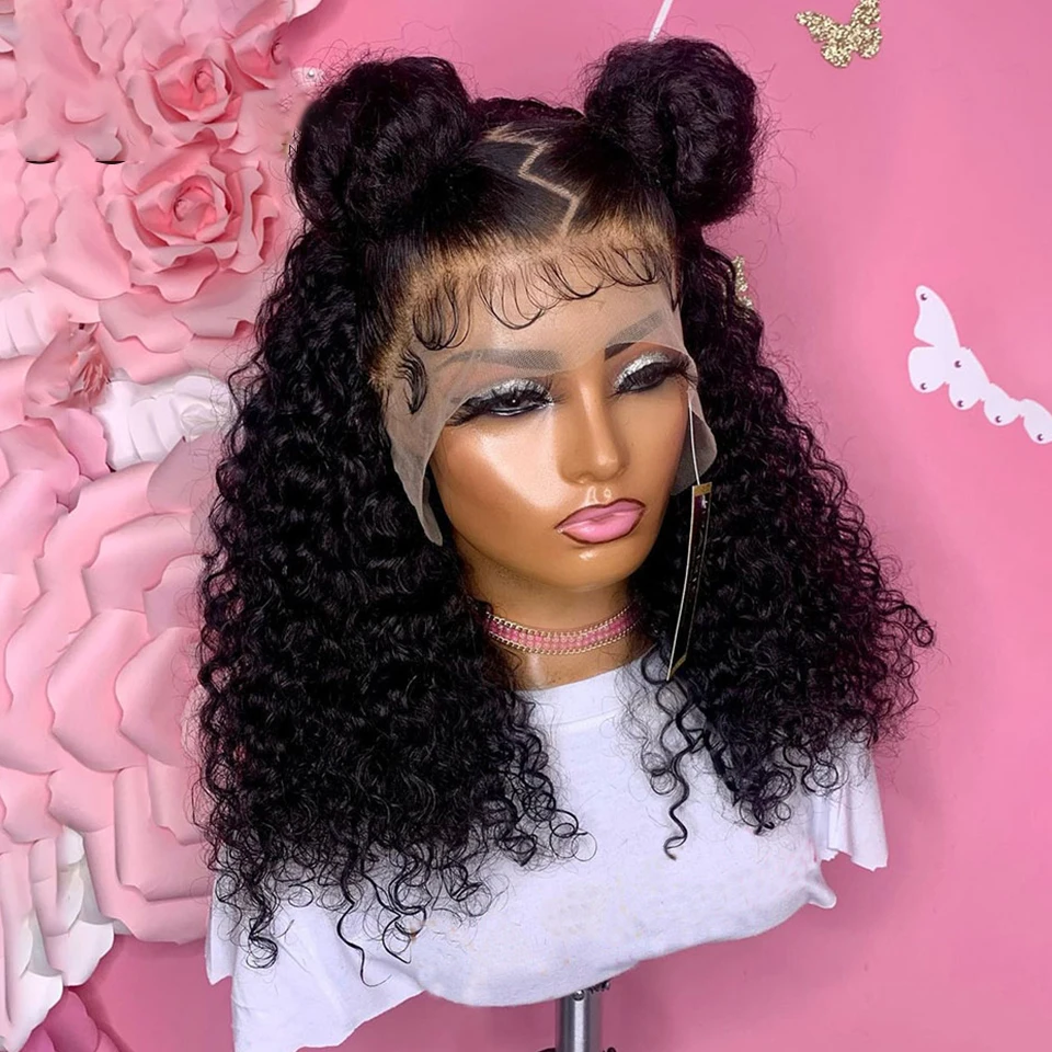 

14Inch Short Bob Kinky Curly Synthetic Lace Front Wig Glueless Lace Wigs For Black Women Babyhair Preplucked Daily 180%Density