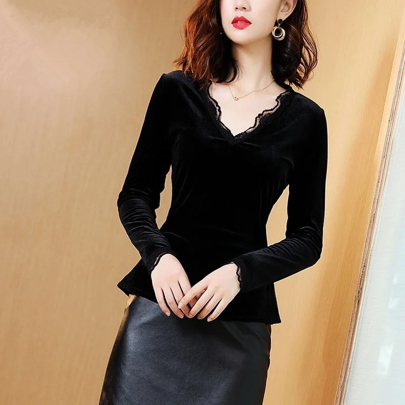 Женская бархатная футболка черная Повседневная велюровая с v-образным вырезом и