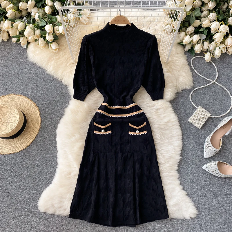 

Women New Fashion Autumn Round Neck Contrast Short Sleeve Slim Black Knitted Sweater Dress Elegant Knitting Pullover Vestidos