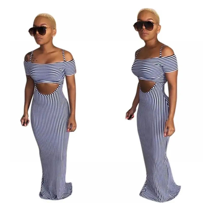 

Sexy Striped Print Blue Off Shoulder Dress