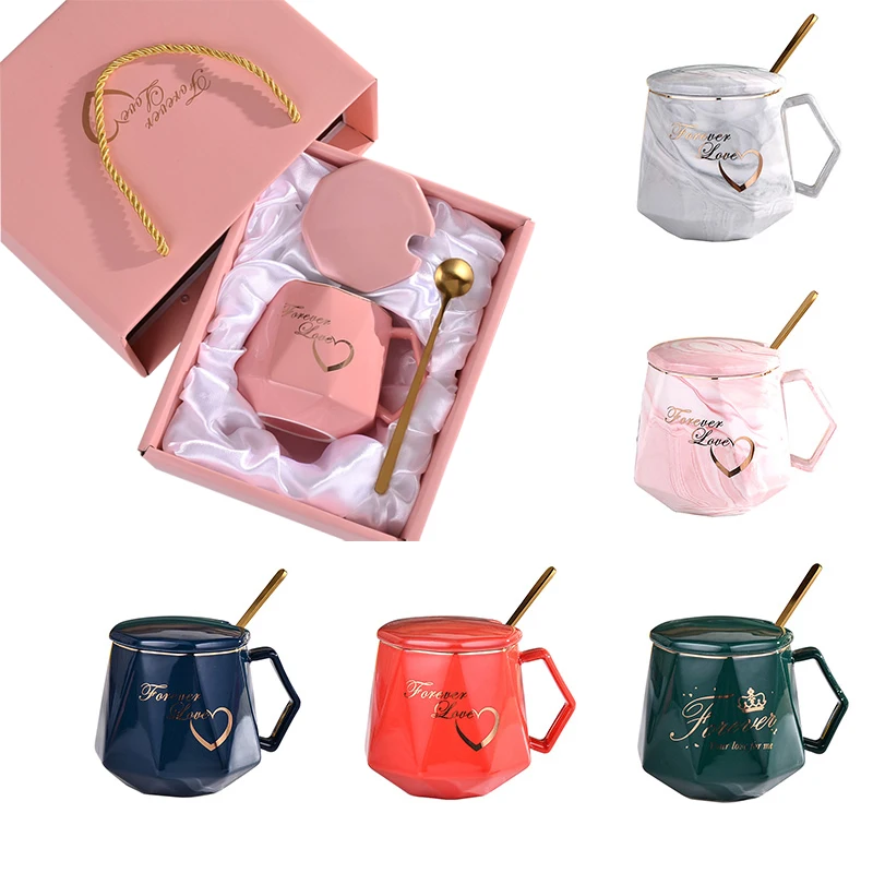 

Кофейные чашки, набор керамических чашек в форме алмаза, Подарочная коробка, кружка с короной, керамические кофейные кружки с крышкой и ложк...