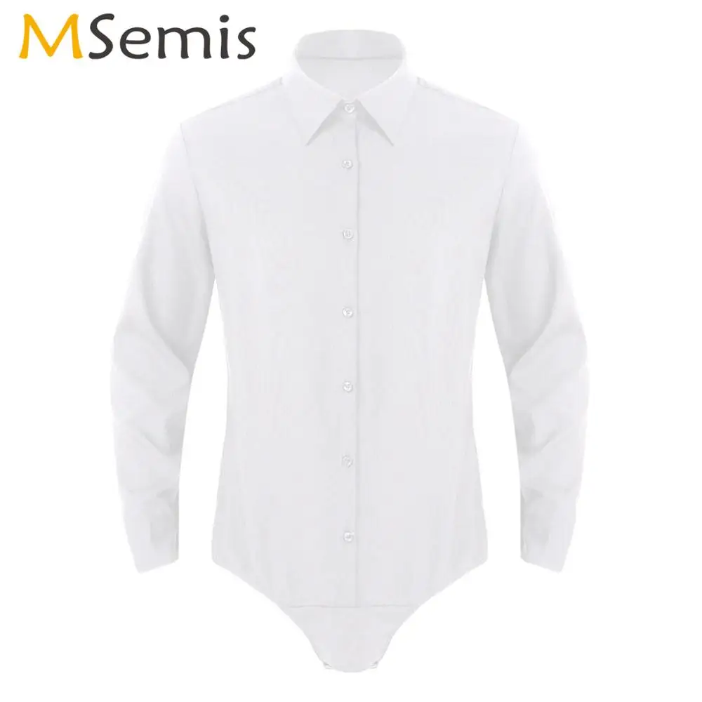 

Mens One-piece Bodycon Shirts Tops Long Sleeves Button Down Teddy Bodysuit Sexy Pressed Crotch Casual Leotard Catsuit Club Wear