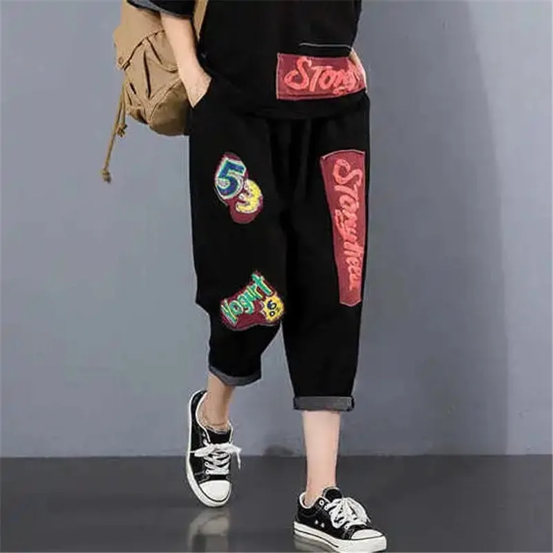 

Casual Loose Plus Size Solid Cotton Sets Womens Fashion Half Sleeve Patch Designs Top Harem Pants Suit Summer two peice Outfits