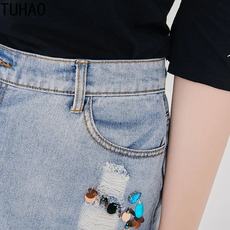 

Sequined Ripped Mini Denim Skirts Plus Size 7XL 6XL 5XL Casual Jeans Skirt Women Basic Pocket Asymmetrical Skirts LZ07