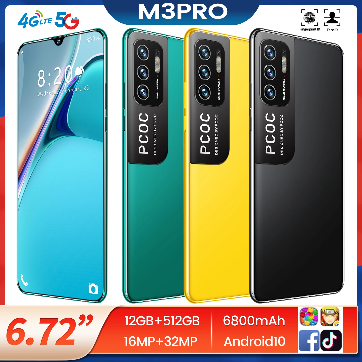 

In Stock M3 Pro Global Version Android 10 Smartphone MTK 6889 64GB 128GB 6.72" HD+16MP Multi-language 6800mAh Cellphone