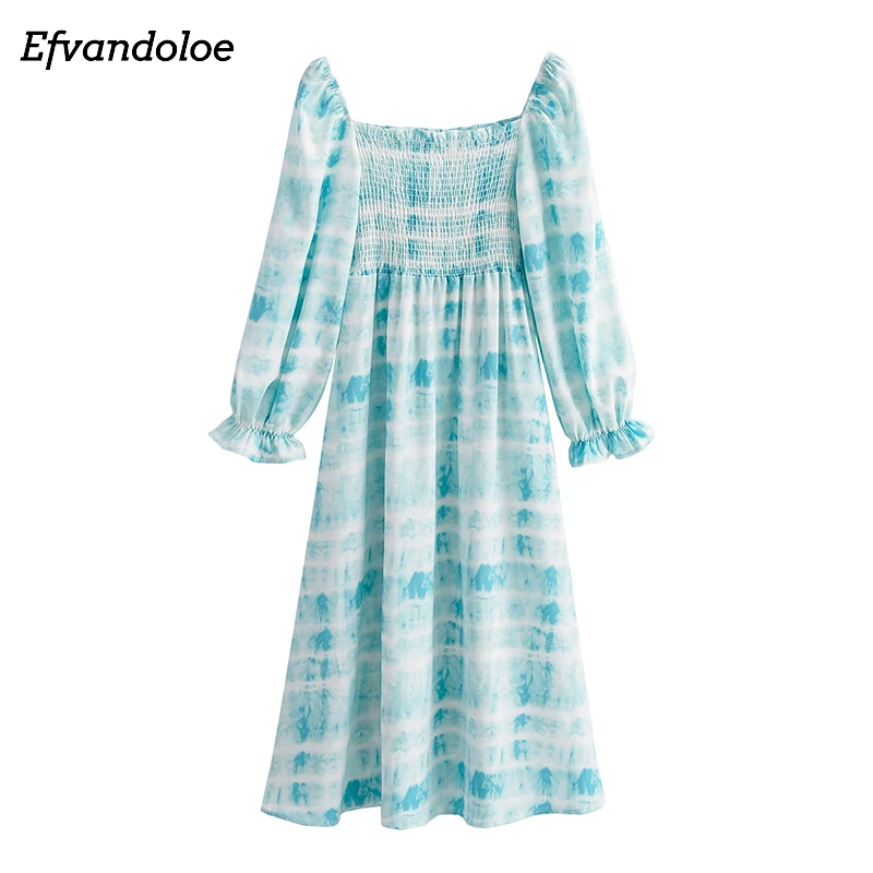 

Женское платье с длинным рукавом и принтом, синее приталенное ТРАПЕЦИЕВИДНОЕ ПЛАТЬЕ средней длины с поясом на резинке, весна-осень 2021