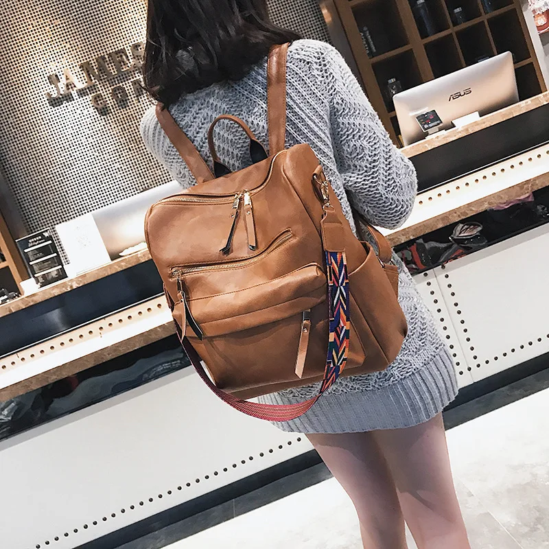 

Retro Backpack Female Bag College Style Casual School Bag Large Capacity Soft Leather Backpack