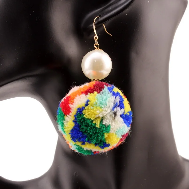 Big Cotton Pom Ball Pendant Imitation Pearl Dangle Earrings for Women Florate Brand Bohemian Ethnic Drop Statement | Украшения и