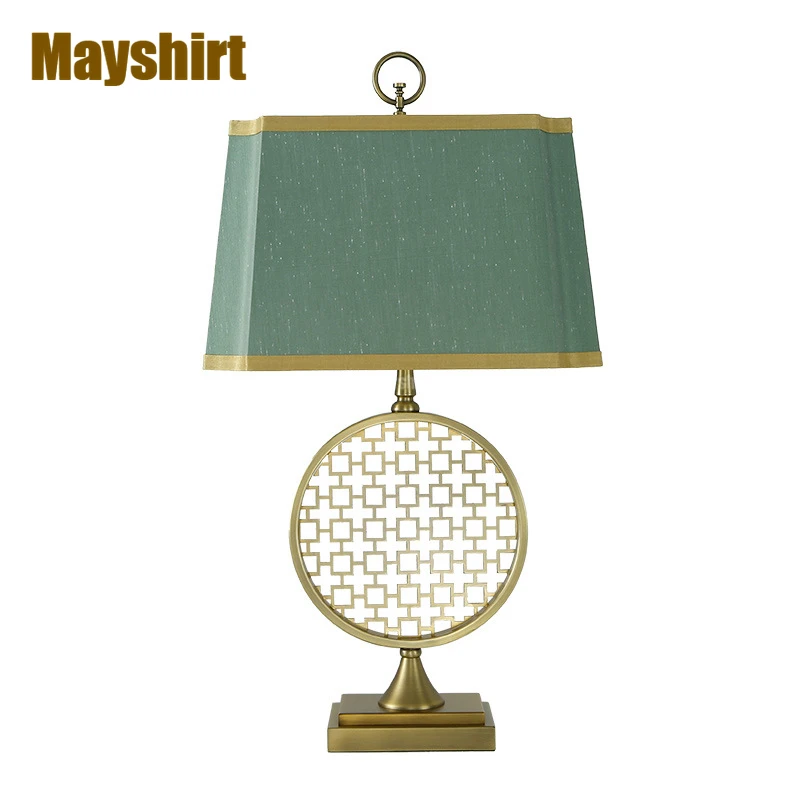 

Chinese Classical Gold Table Lamps for Bedroom Green Fabric Art Deco Living Room Bedside Desk Lamp Villa Study Led Light Fixture