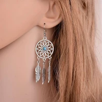 bohemian dream catcher silverl colour alloy hollow feather earrings for women leaf pendant drop earring long fashion jewelry new