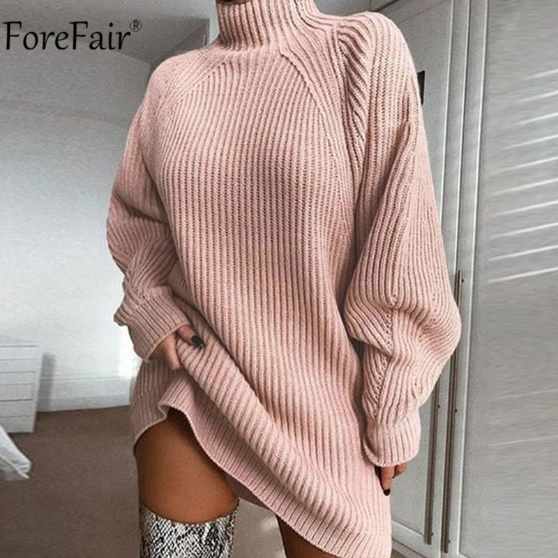 Forefair Водолазка с длинным рукавом свитер платье для женщин осень зима свободная туника трикотажная Повседневная розовая серая одежда однотонные платья