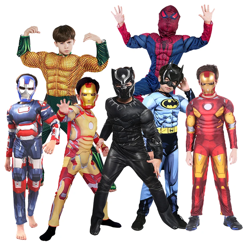 

Superhero Movie Jumpsuit Iron Spider Bat Cosplay Anime Muscle Zentai Carnival Fantasia Halloween Costume for Kids Role Play Set