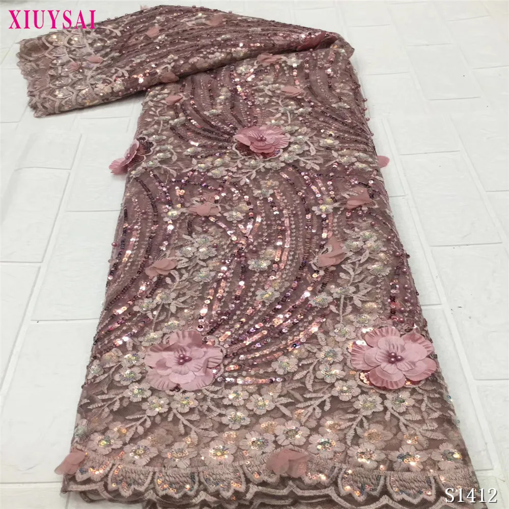 Африка кружевной 2020 сетчатая ткань с блестками ажурная гофрированная Блестки из