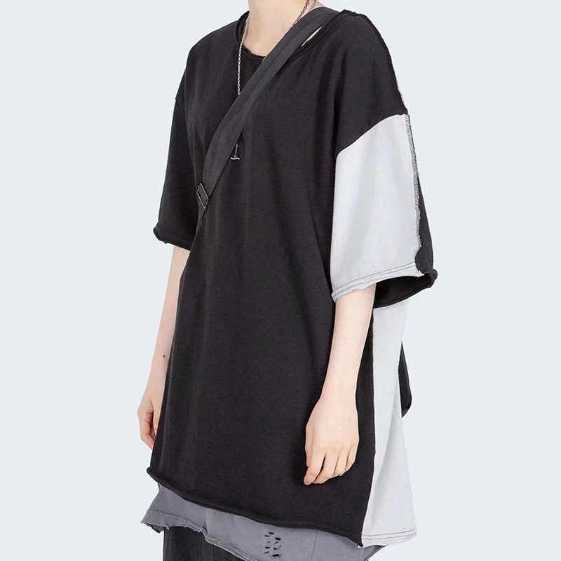 

Black White Hit Color Simplicity Men Tshirts Harajuku Personality Hem Asymmetrical Fashion Spliced Streetwear Clothes Oversized
