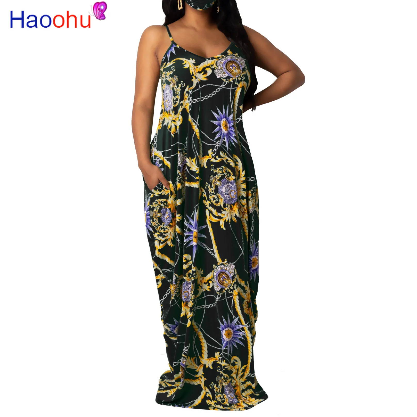 

Платье HAOOHU женское длинное на бретелях-спагетти, винтажное пляжное свободное приталенное, с принтом цепей, без рукавов, для отдыха