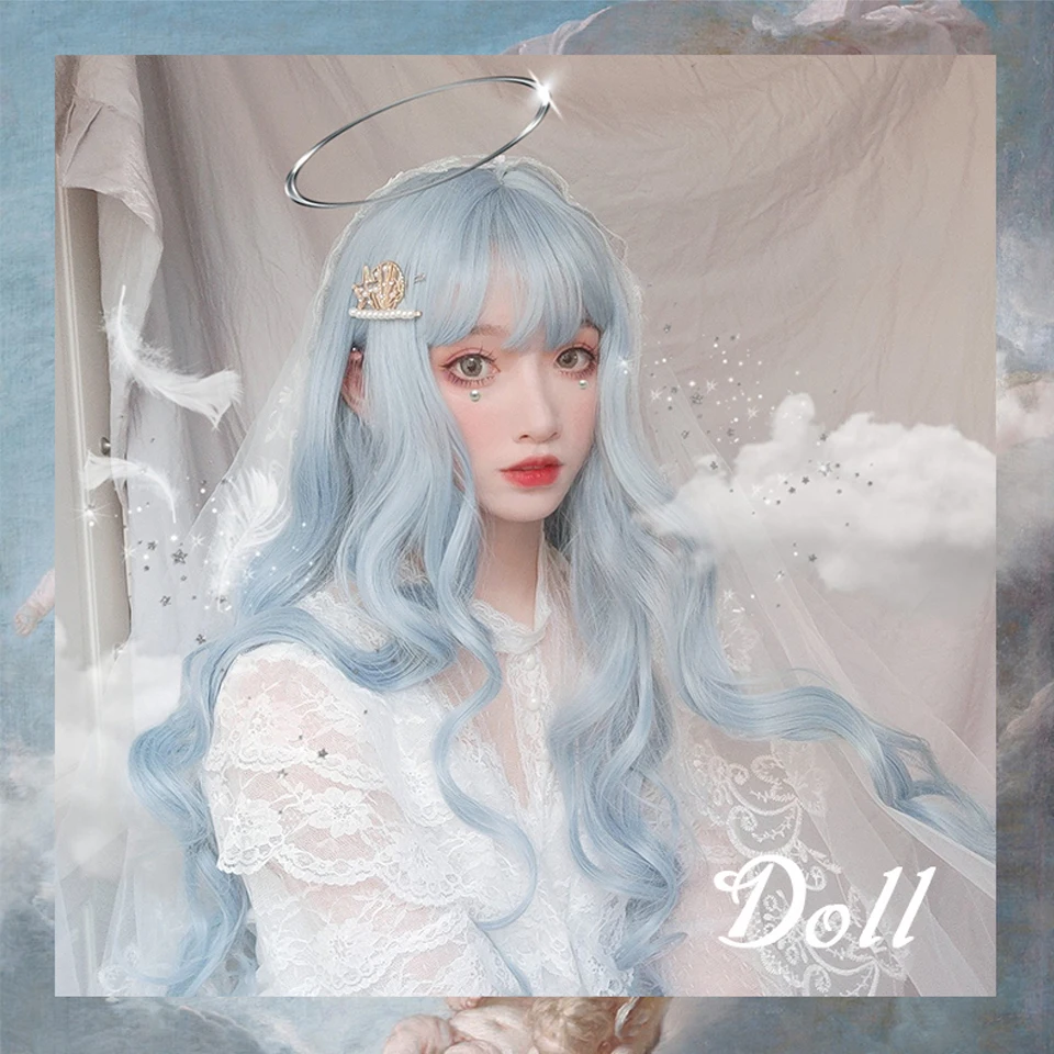 Парики AILIADE с естественной челкой светильник светло голубые длинные волнистые