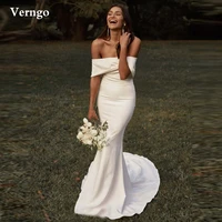 verngo simple off the shoulder mermaid wedding dresses stretch satin sleeves sweep train bridal gowns country boho wedding gown