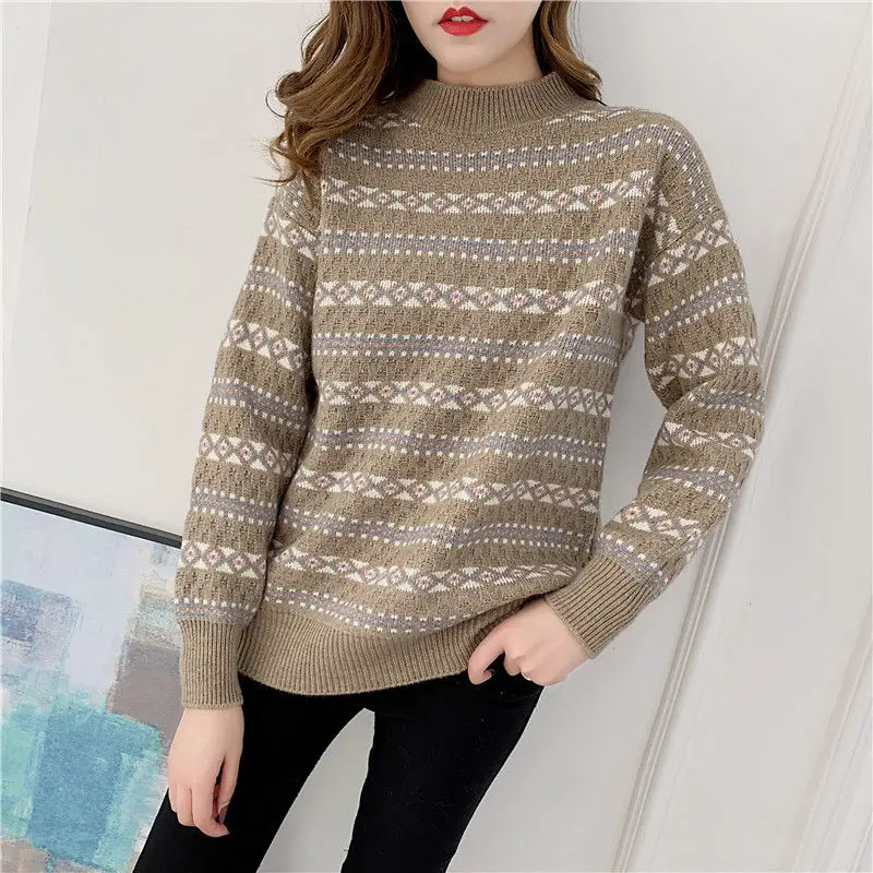 2019 autumn and winter new trend retro printed sweater female students Korean version of the loose striped | Женская одежда