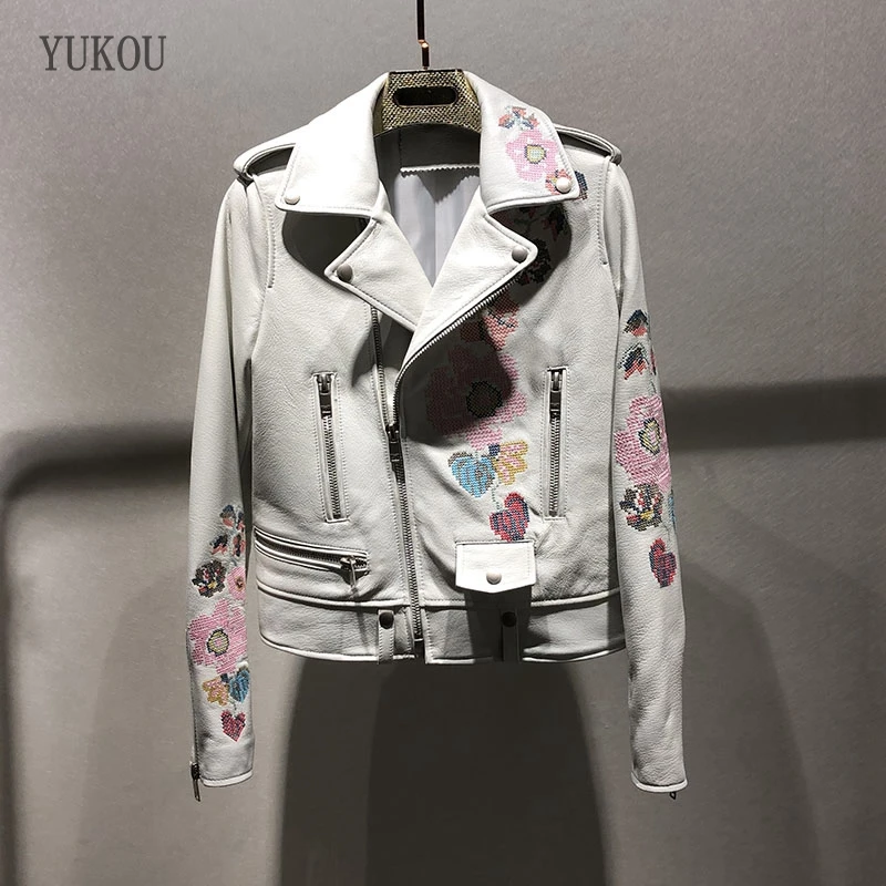 

Женские пальто, высококачественные куртки из овечьей кожи YUKOU, мотоциклетная кожаная одежда, Женская белая натуральная овечья кожа