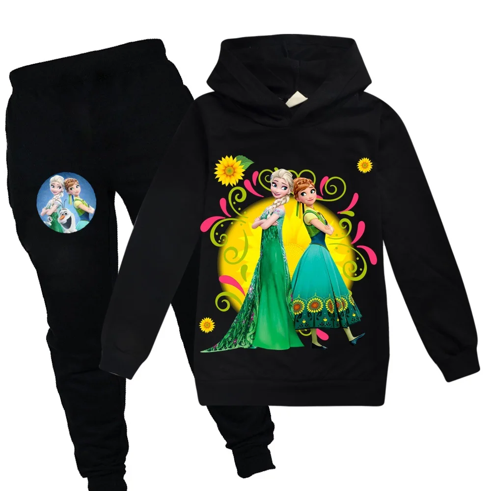 Disney Cute Frozen Elsa Print Hoodie Pants Set Coat Trousers Hoody Sweatshirt Clothes for Girls Kids Home Clothing | Детская одежда и