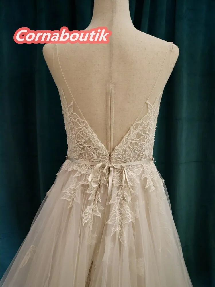 

Real Photos A Line Wedding Dress 223V Neck Natural Waist Spaghetti Straps V Back Tulle Lace Appliques Vestido De Novia Princesa